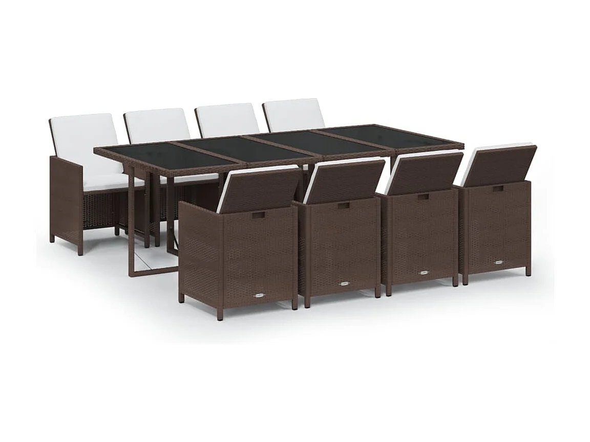 Ensemble à dîner de jardin coussins 9 pièces Résine tressée Marron