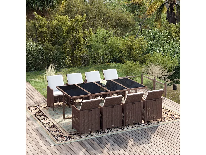 Ensemble à dîner de jardin coussins 9 pièces Résine tressée Marron