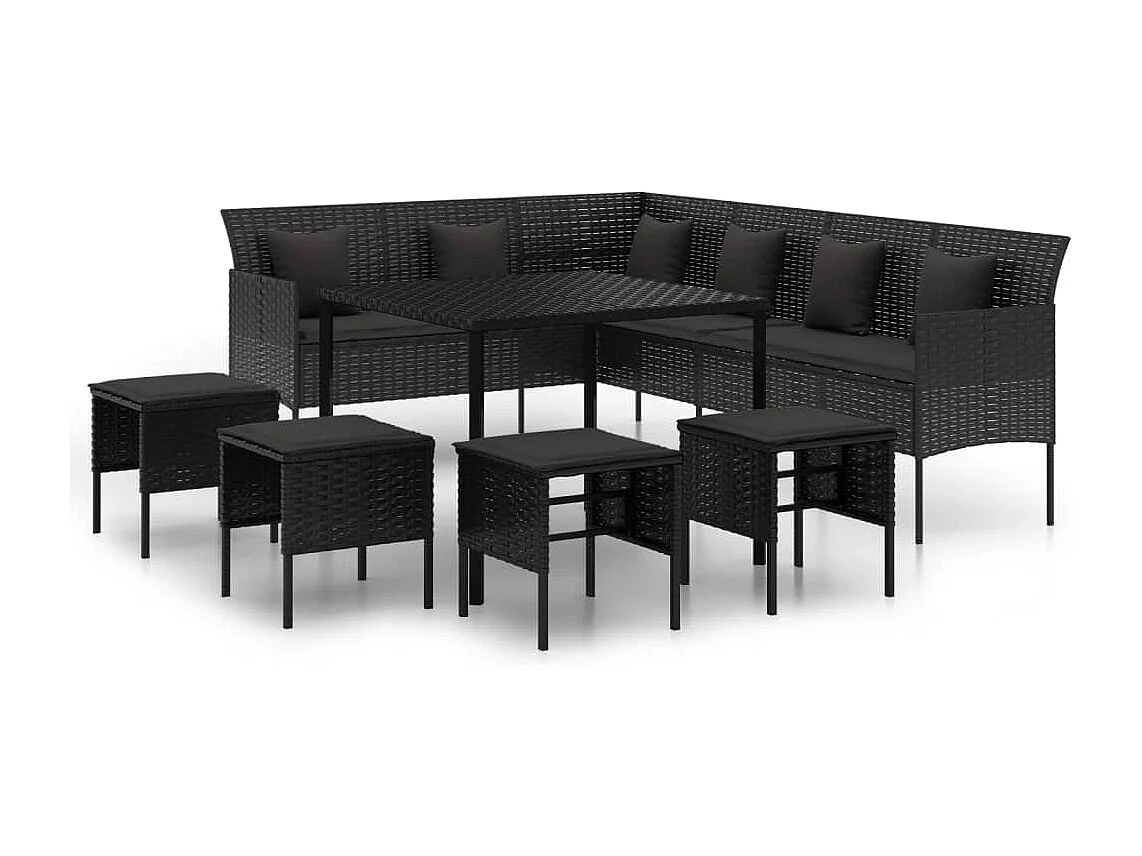 Ensemble à dîner de jardin et coussins 6 pièces noir résine tressée