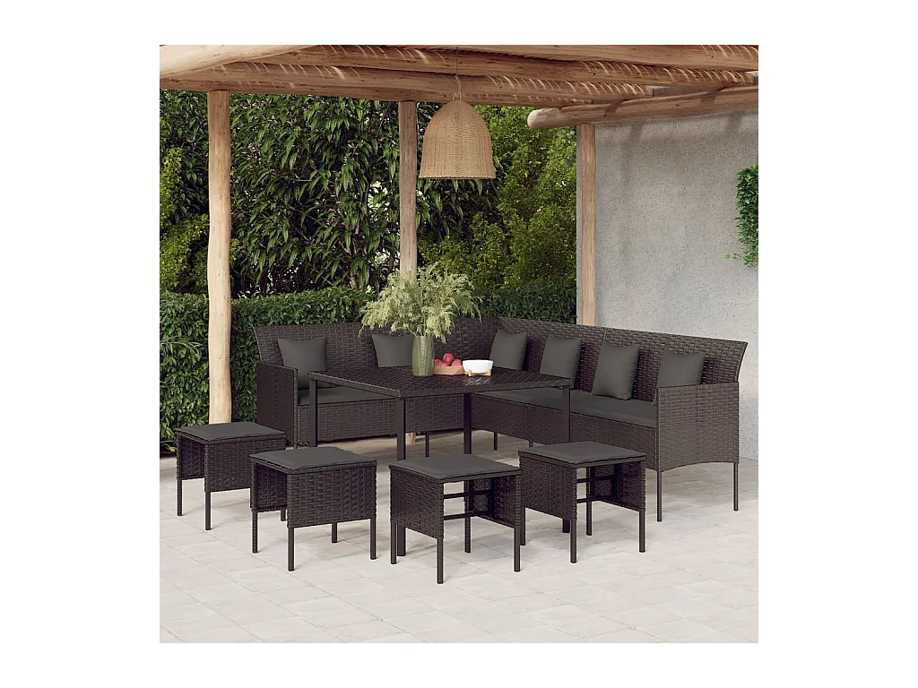 Ensemble à dîner de jardin et coussins 6 pièces noir résine tressée