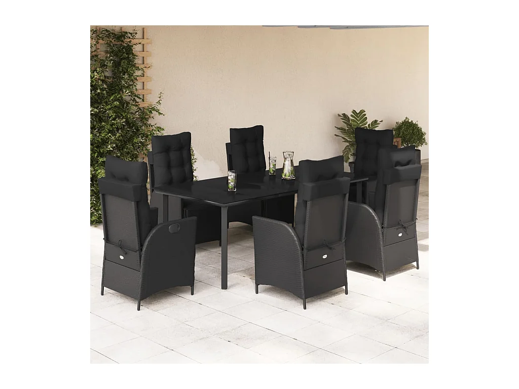 Ensemble à manger de jardin coussins 7 pièces Noir Résine tressée
