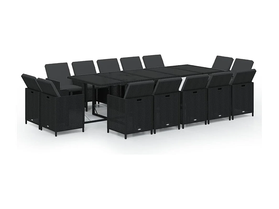 Set comedor de jardín 15 piezas con cojines ratán sintético negro