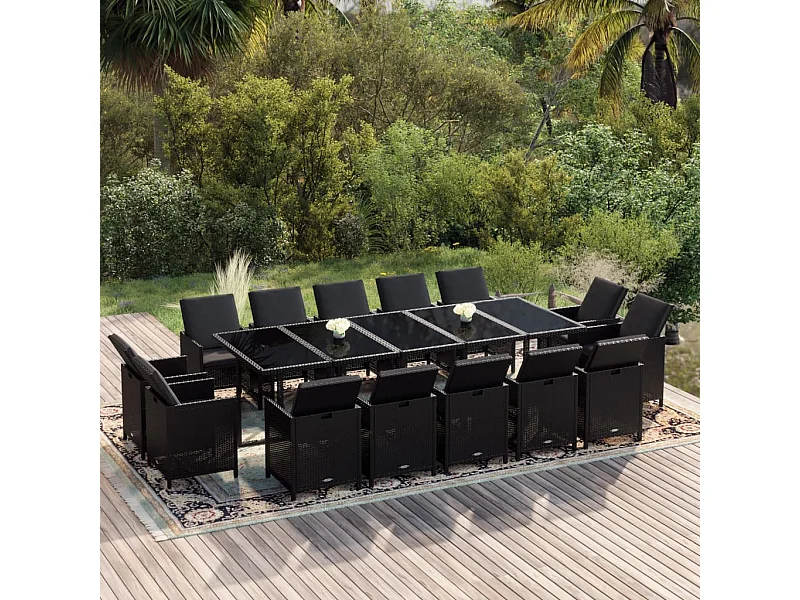Set comedor de jardín 15 piezas con cojines ratán sintético negro
