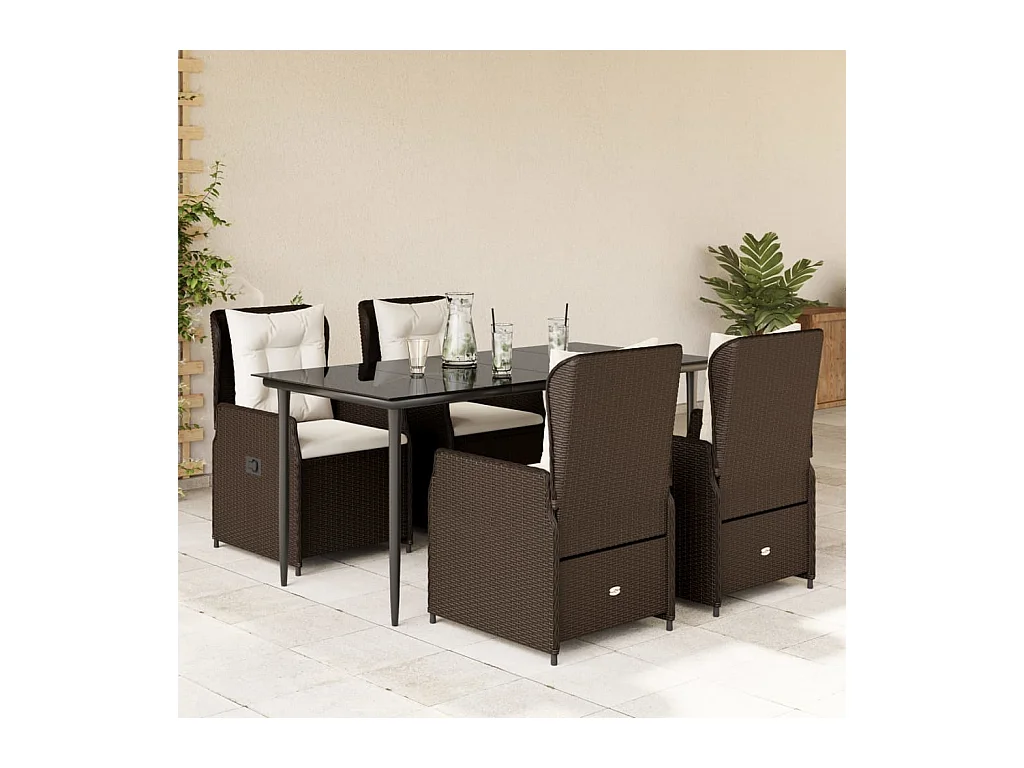 Ensemble à manger de jardin 5 pièces et coussins marron poly rotin