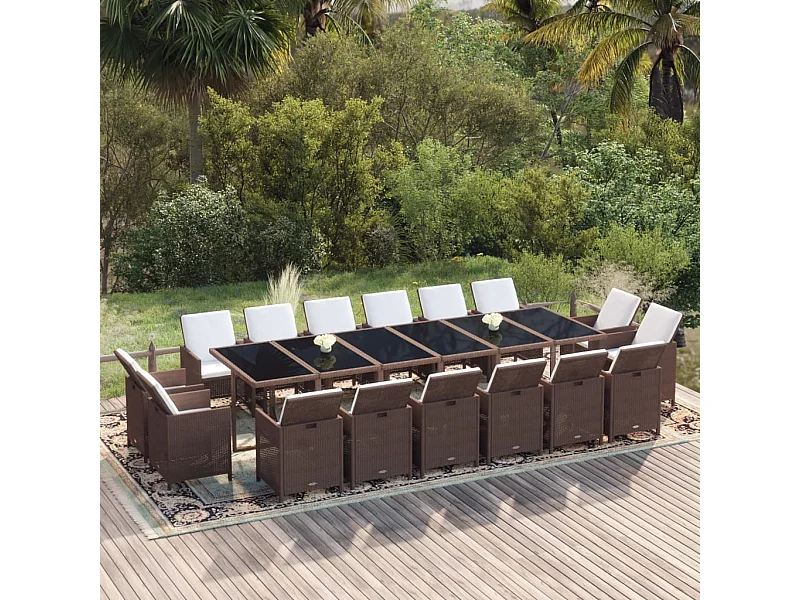 Ensemble à dîner de jardin coussins 17 pièces Résine tressée Marron