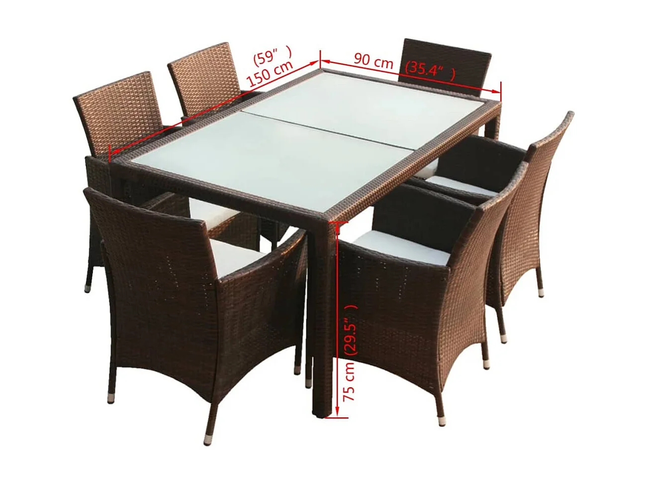 Set comedor de jardín 7 piezas y cojines ratán sintético marrón