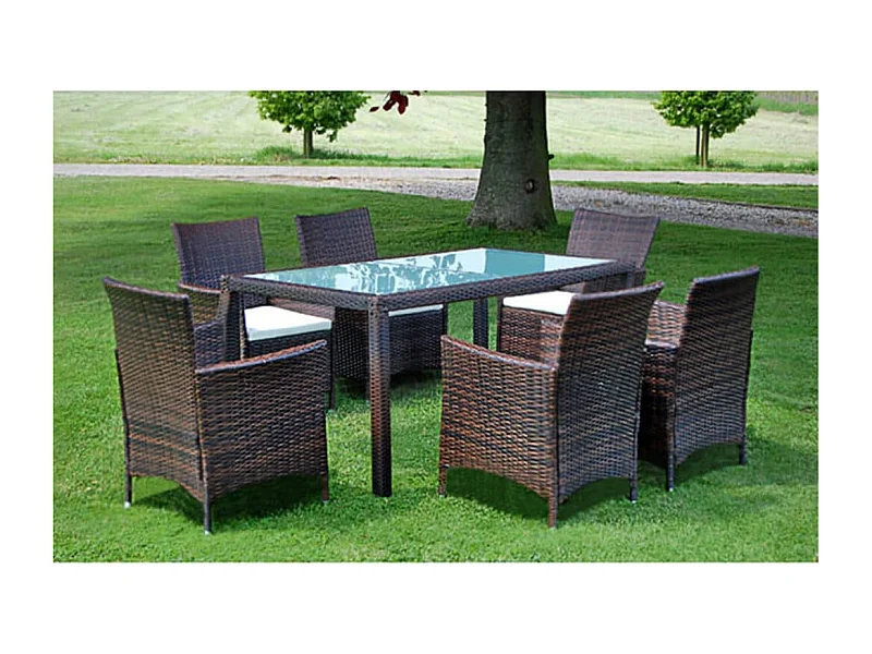 Mobilier à dîner jardin 7 pièces et coussins Résine tressée Marron