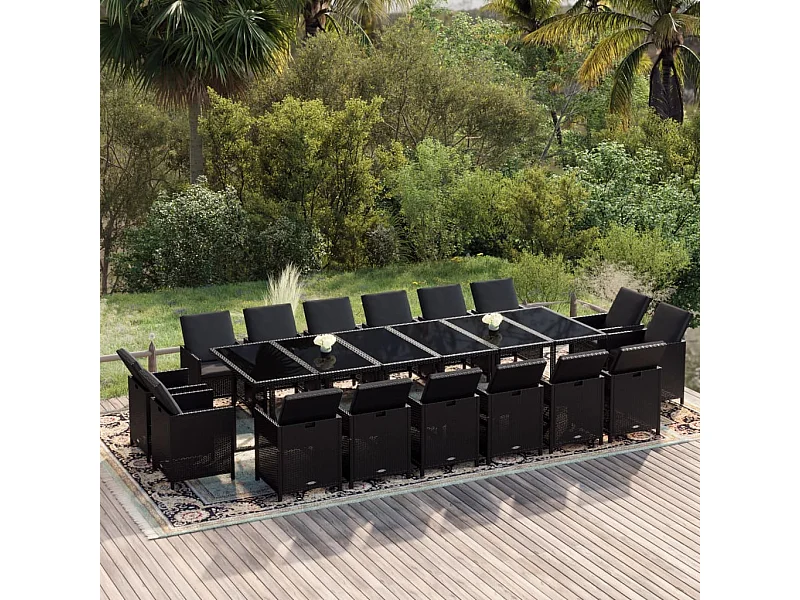 Set comedor de jardín 17 piezas con cojines ratán sintético negro