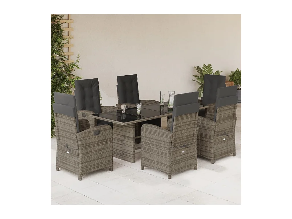 Ensemble à manger de jardin et coussins 7 pièces gris rotin