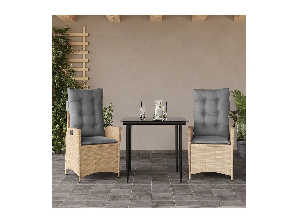 Ensemble à manger de jardin et coussins 3 pièces Beige poly rotin