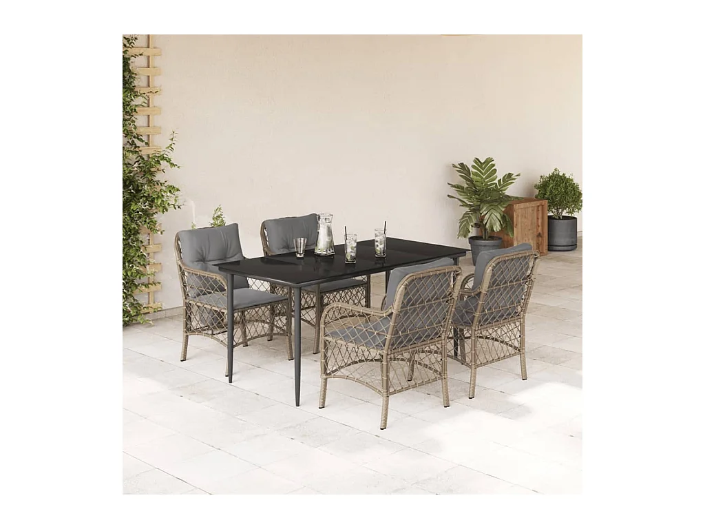 Ensemble à manger de jardin coussins 5 pièces mélange beige rotin