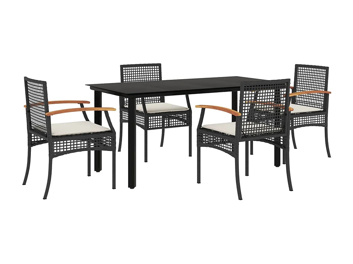 5 peças conjunto de jantar p/ jardim c/ almofadões vime PE preto