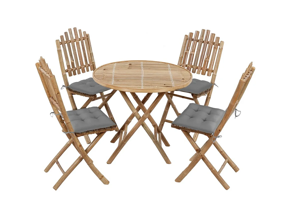 Mobilier à dîner d'extérieur pliable 5 pièces avec coussins Bambou