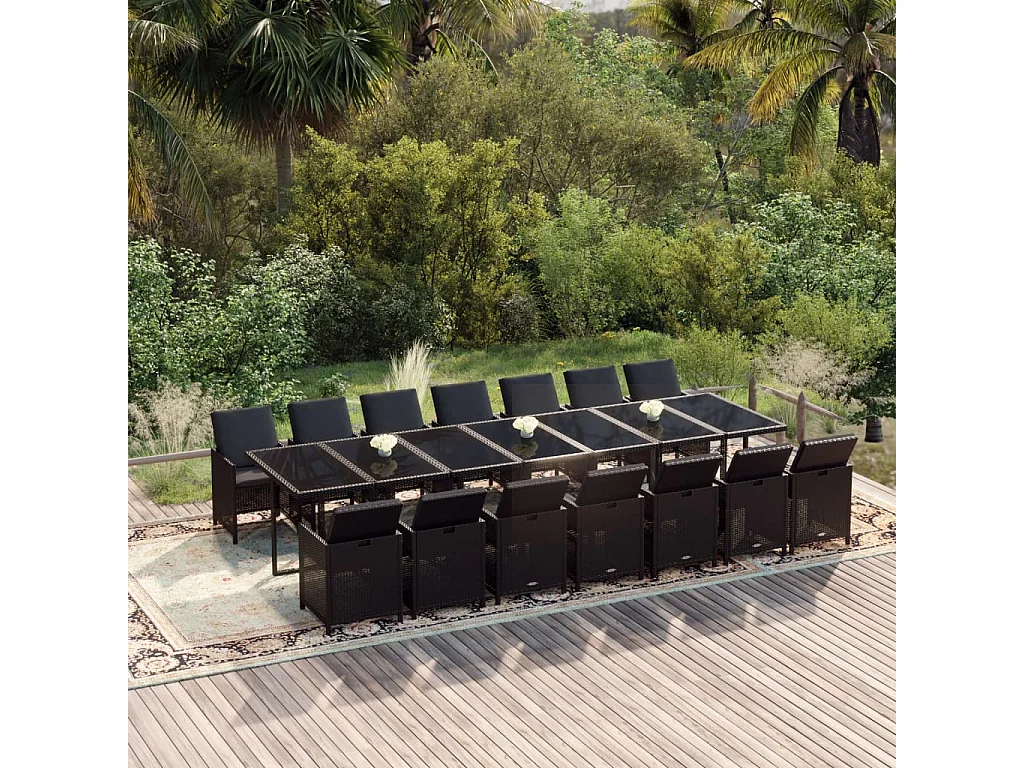 Set comedor de jardín 15 piezas con cojines ratán sintético negro