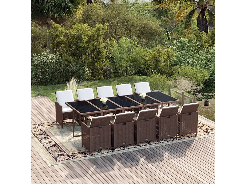 Set comedor jardín 11 piezas con cojines ratán sintético marrón