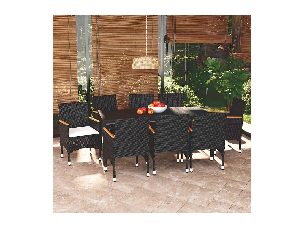 Mobilier à dîner de jardin et coussins 9 pièces Résine tressée Noir