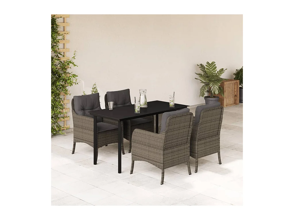 Set comedor de jardín 5 piezas con cojines ratán sintético gris