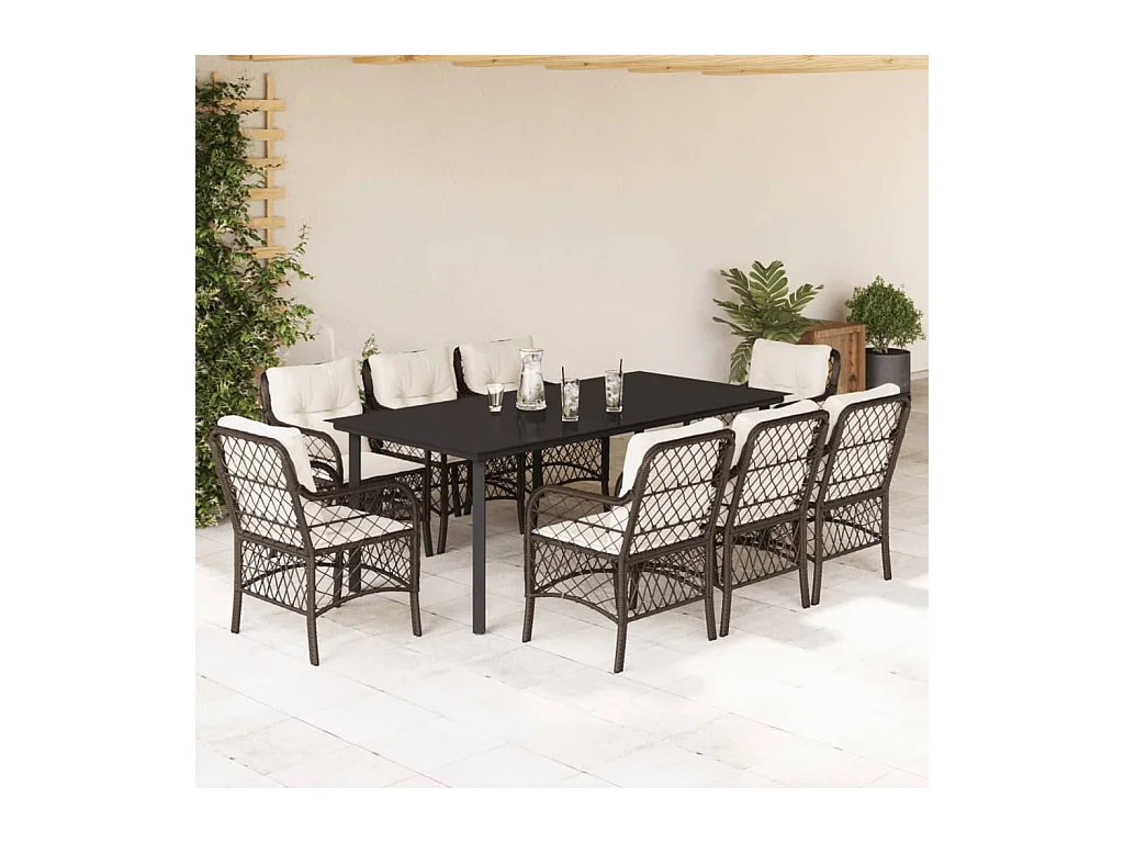 Ensemble à manger de jardin et coussins 9 pièces marron poly rotin