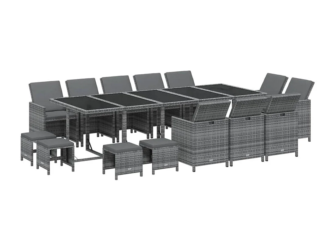 Set de comedor jardín 15 piezas con cojines ratán sintético gris