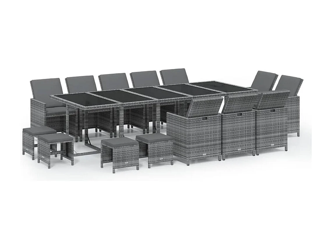 15 peças conjunto jantar p/ jardim c/ almofadões vime PE cinzento