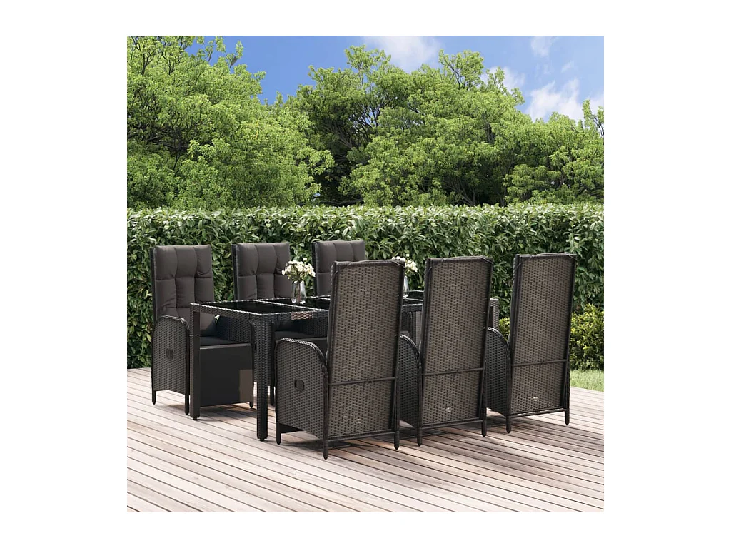 Ensemble à dîner de jardin et coussins 7 pièces Noir Résine tressée
