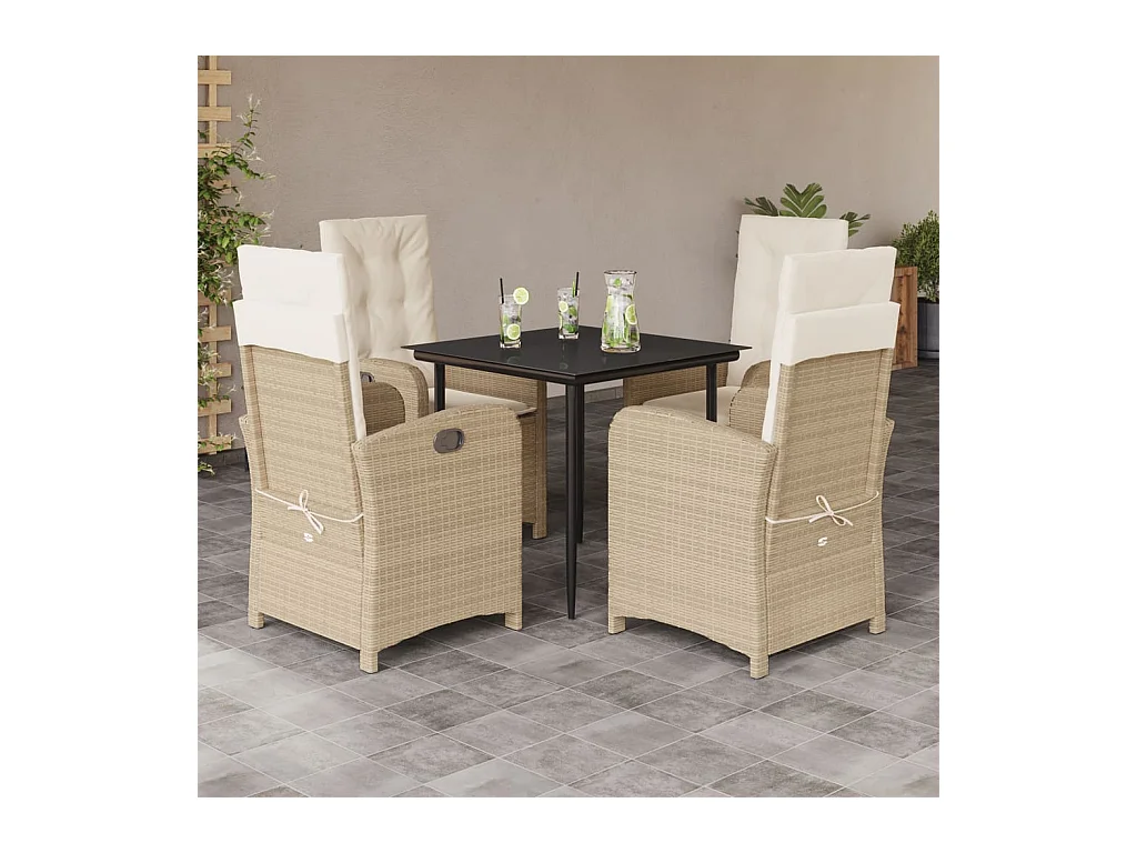 5 peças conjunto de jantar p/ jardim com almofadões vime PE bege