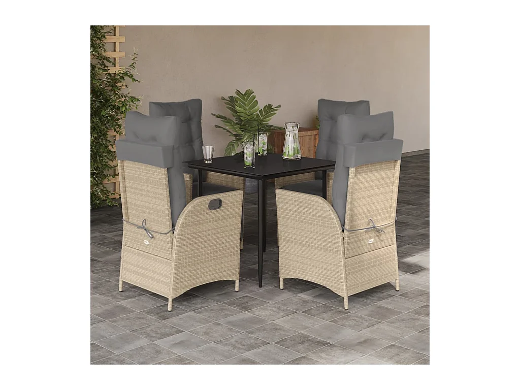 Ensemble à manger de jardin avec coussins 5 pièces Beige poly rotin