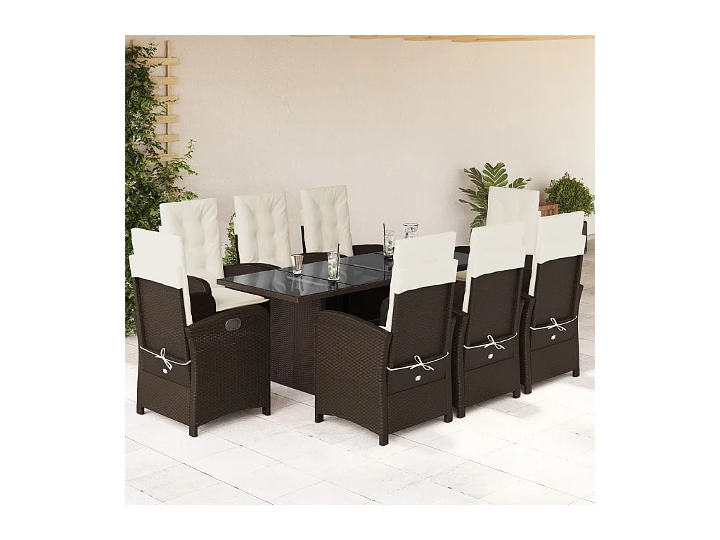 Ensemble à manger de jardin et coussins 9 pièces marron poly rotin