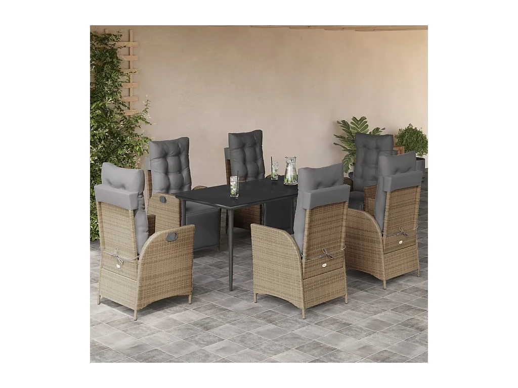 Ensemble à manger de jardin coussins 7 pièces mélange beige rotin