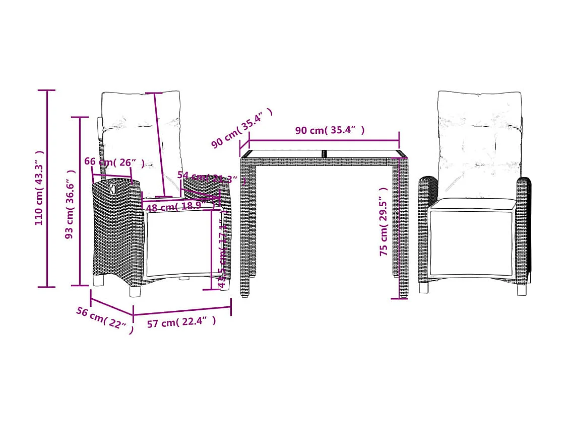 Set comedor de jardín 3 piezas con cojines ratán sintético gris