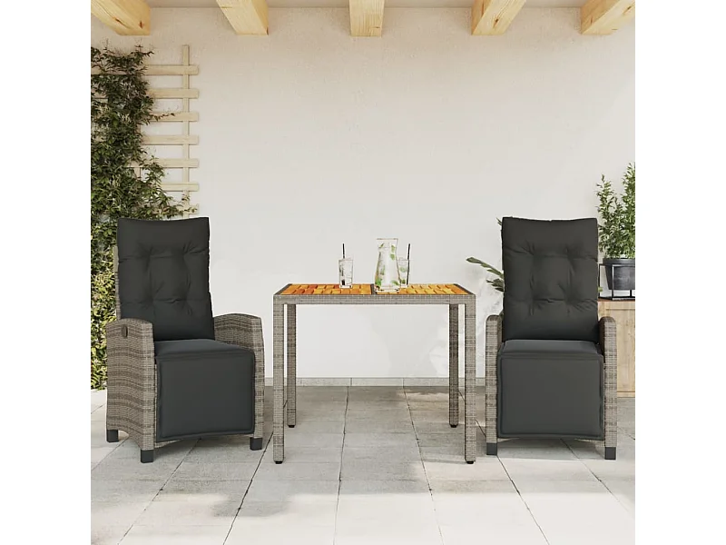 Set comedor de jardín 3 piezas con cojines ratán sintético gris