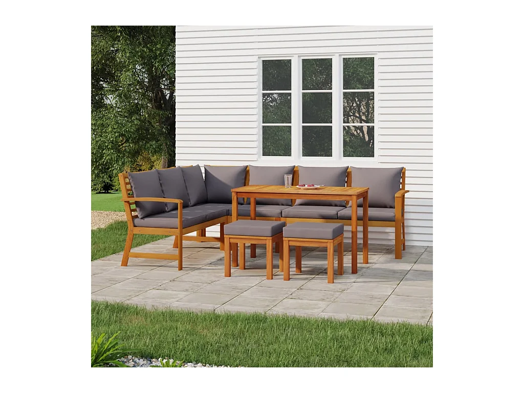 7 peças conjunto de jantar p/ jardim c/ almofadões acácia maciça