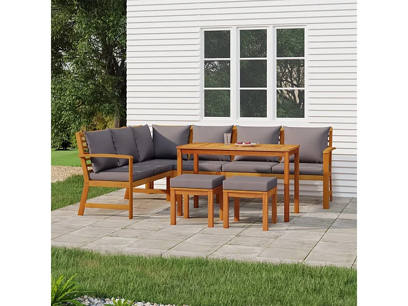 7 peças conjunto de jantar p/ jardim c/ almofadões acácia maciça