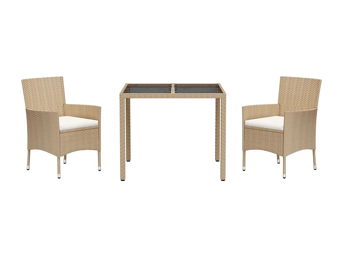 3 peças conjunto de jantar p/ jardim com almofadões vime PE bege