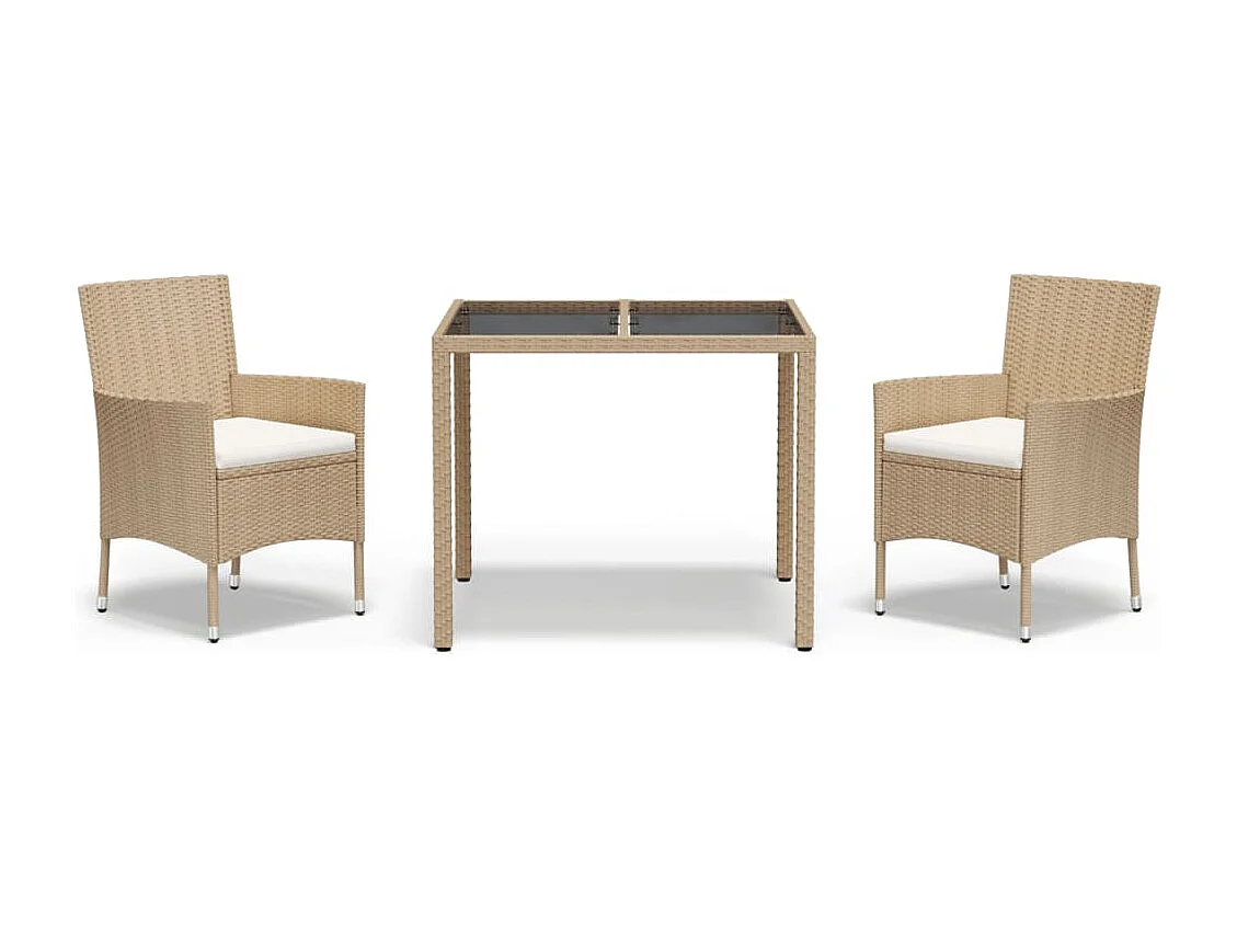 Ensemble à dîner de jardin avec coussins 3 pièces Beige poly rotin