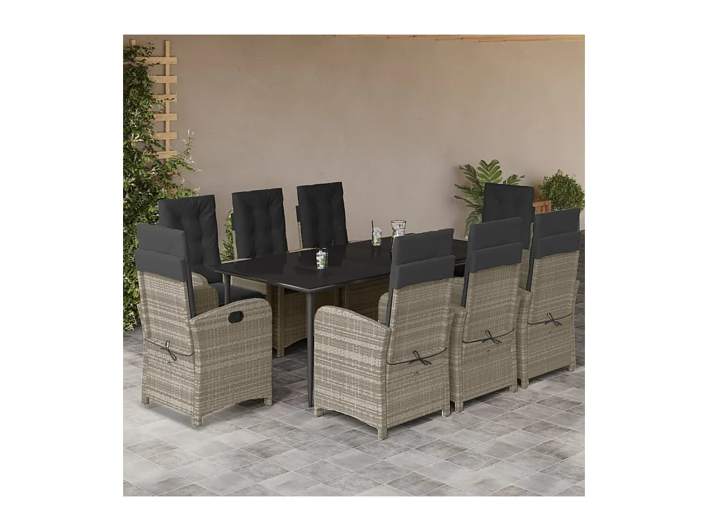 Ensemble à manger de jardin et coussins 9 pièces gris clair rotin