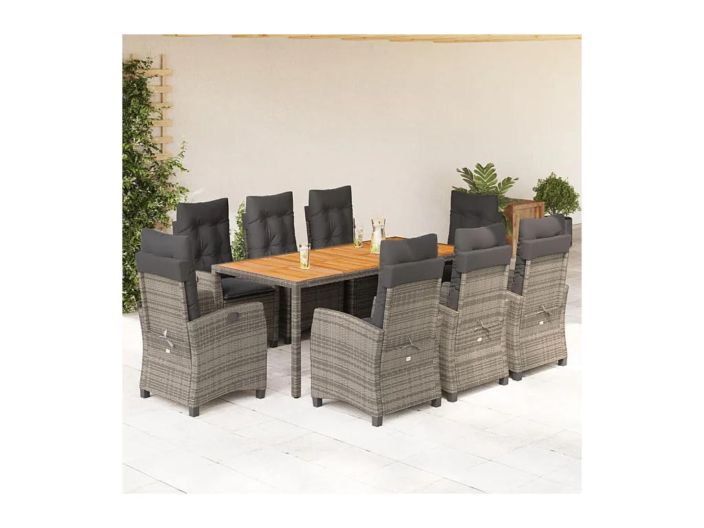 Set comedor jardín 9 piezas y cojines ratán sintético gris