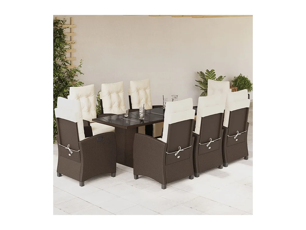 Ensemble à manger de jardin et coussins 9 pièces marron poly rotin