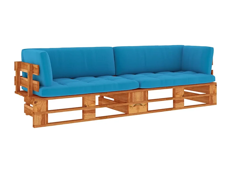 Canapé palette 2 places et coussins Pin imprégné de marron miel