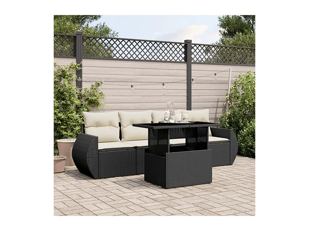 Salon de jardin 5 pièces avec coussins noir résine tressée