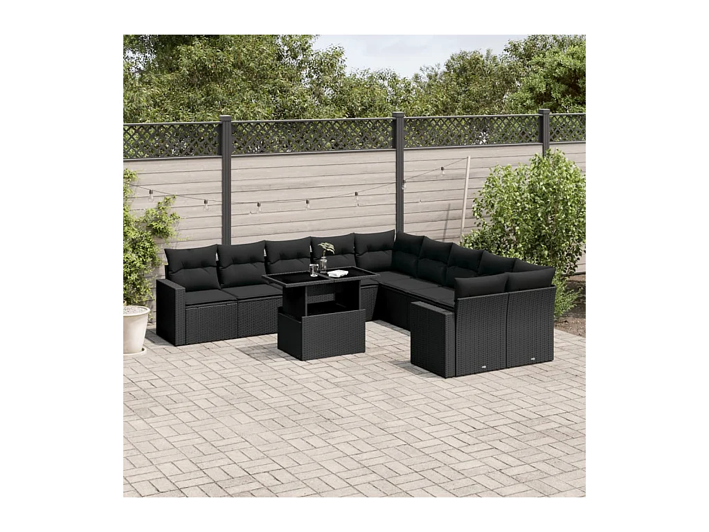 11 peças conjunto sofás de jardim c/ almofadões vime PE preto