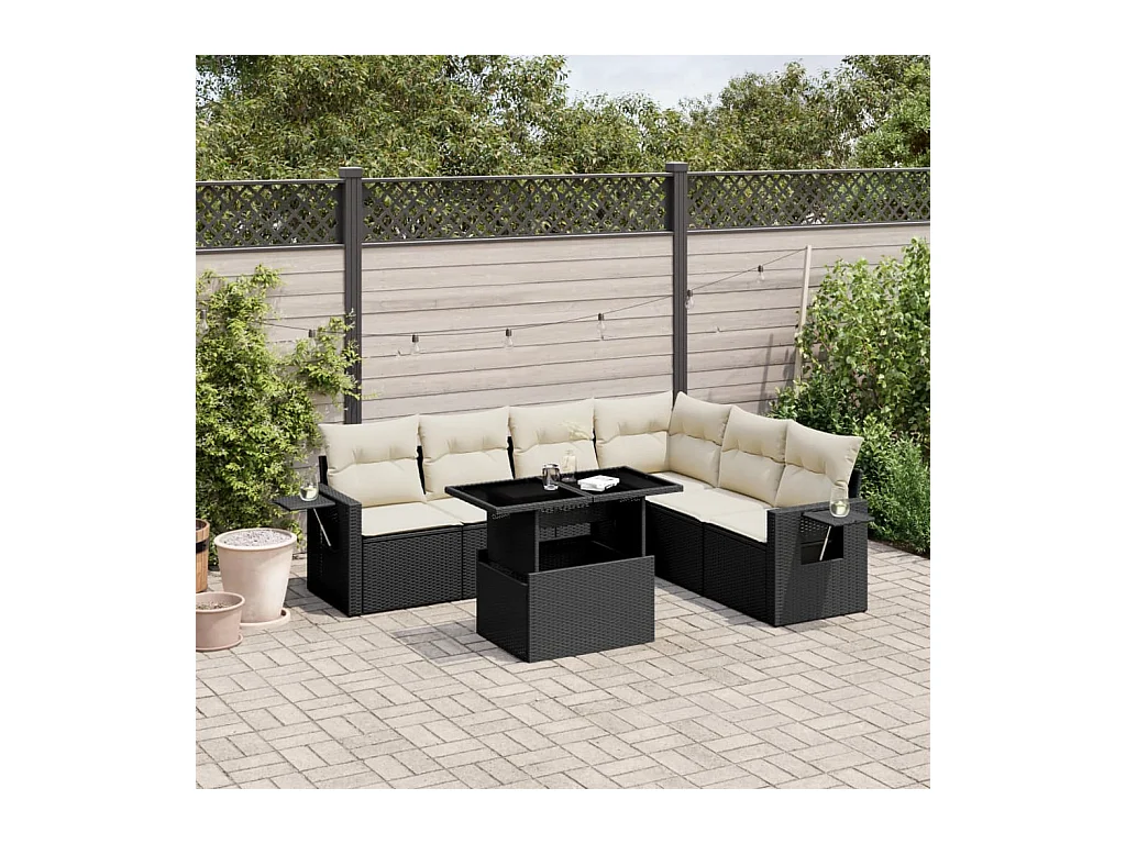 Salon de jardin 7 pièces avec coussins noir résine tressée