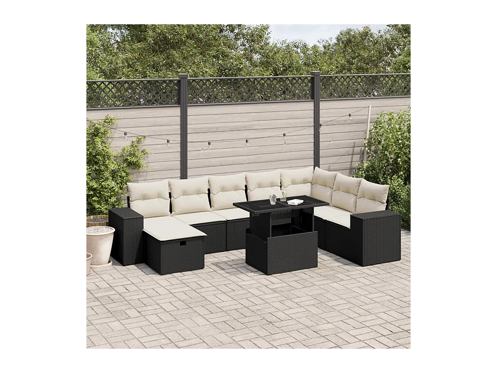 9-delige Loungeset met kussens poly rattan zwart