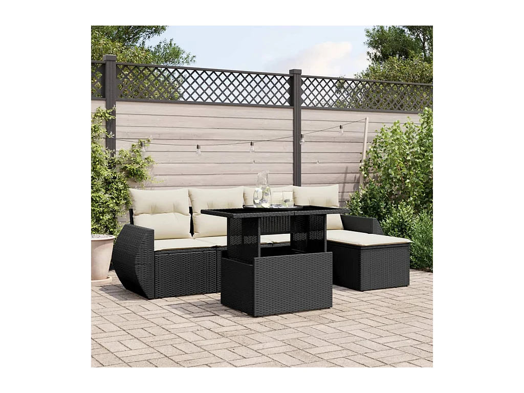 Salon de jardin 6 pièces avec coussins noir résine tressée