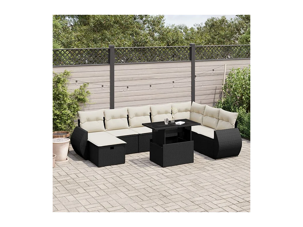 Salon de jardin 9 pièces avec coussins noir résine tressée