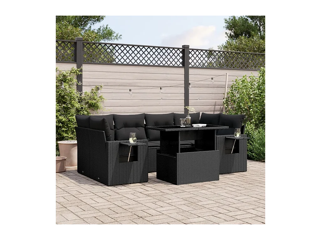 Salon de jardin 7 pièces avec coussins noir résine tressée