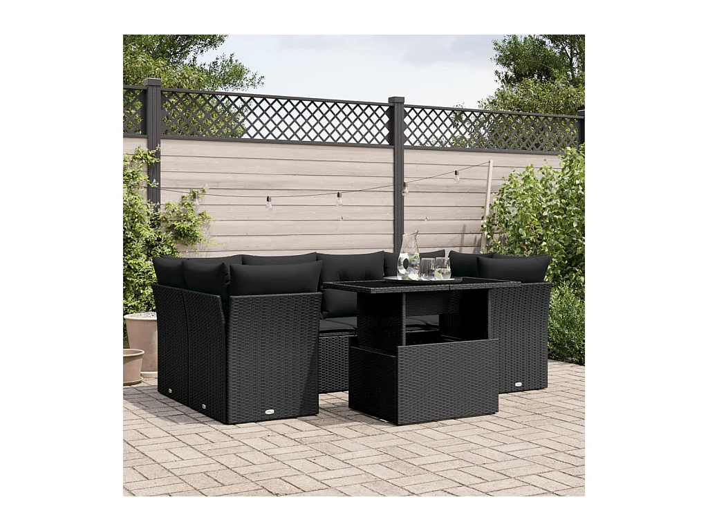 Salon de jardin 7 pièces avec coussins noir résine tressée