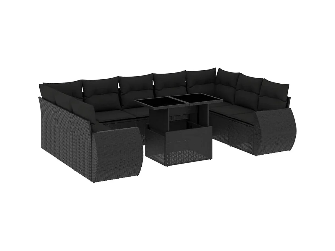 Salon de jardin 10 pièces avec coussins noir résine tressée