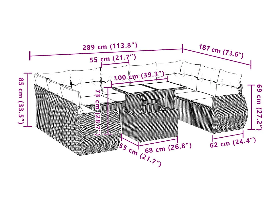 10 peças conjunto sofás de jardim c/ almofadões vime PE preto