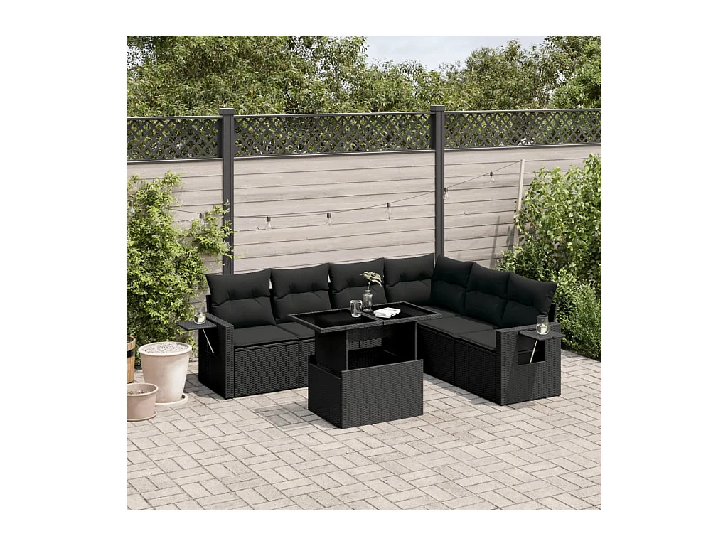 7-delige Loungeset met kussens poly rattan zwart